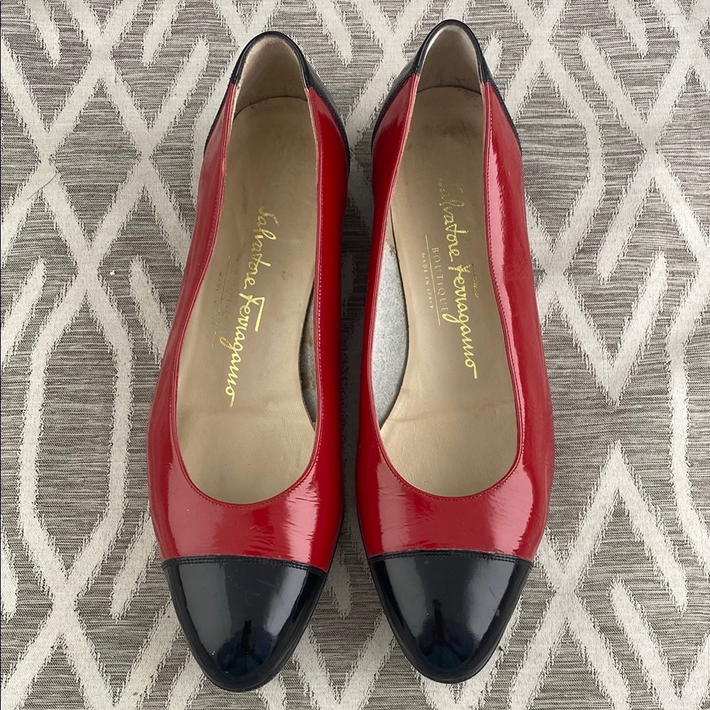 Salvatore Ferragamo Patent Leather Red and Black Flats Size: 6